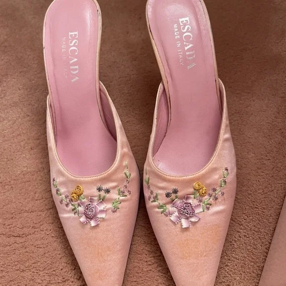 Escada Authentic Pink Silk Kitten Heel Mules Size 7.5B - Picture 2 of 10